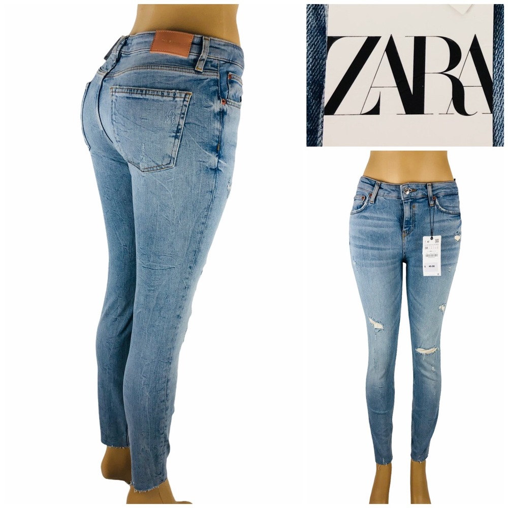 Zara Womens 6 Jeans The Skinny Island Blue Cotton Blend Stretch Distressed NWT
